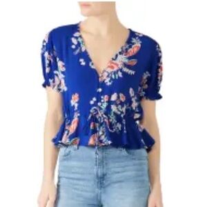 Colonels floral ruffle short sleeve button down neck crop top blouse sz XS
